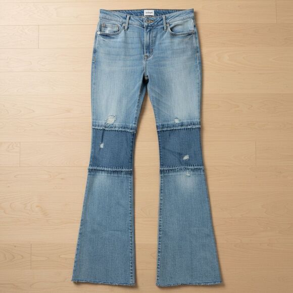 Hudson Womens 27 Light Wash Distressed Patchwork Flare Ultra Soft Jeans Raw Hem - Picture 2 of 16